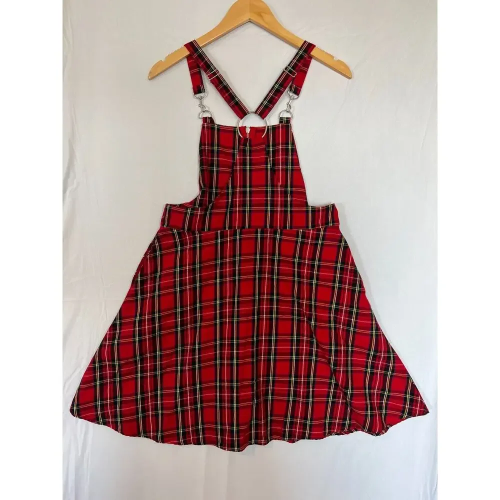 Hot Topic Plaid O-Ring Skirtall Overall Dress Womens Small Pockets Red Black - Picture 5 of 13